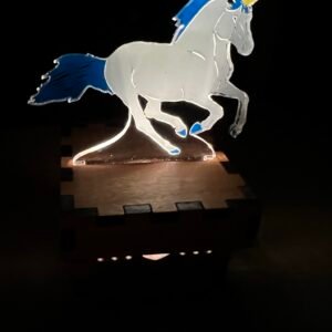 Galloping white unicorn with blue mane and tail and gold horn