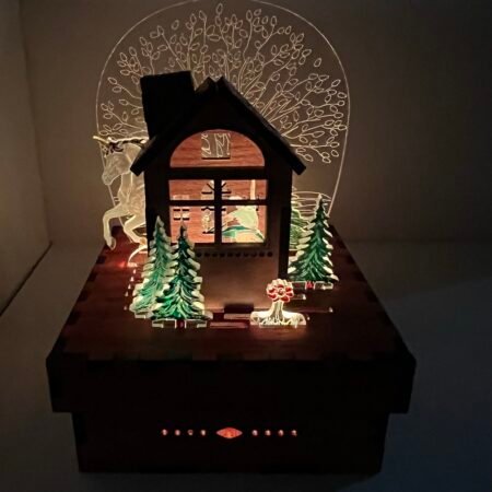 White unicorn galloping behind a wood house in forest and ballerina dancing inside house