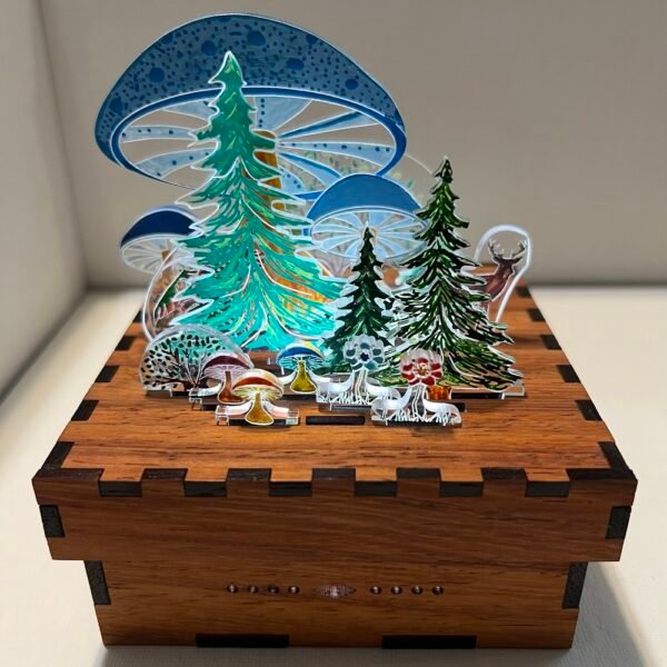 Fantastical forest scene with large mushrooms that tower over fir trees and many smaller plants. A deer peaks from within.